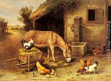 A Donkey and Chickens Outside a Stable by Edgar Hunt